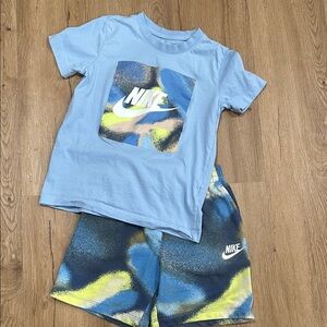 Nike Light Blue and Yellow Graphic Tee and Shorts